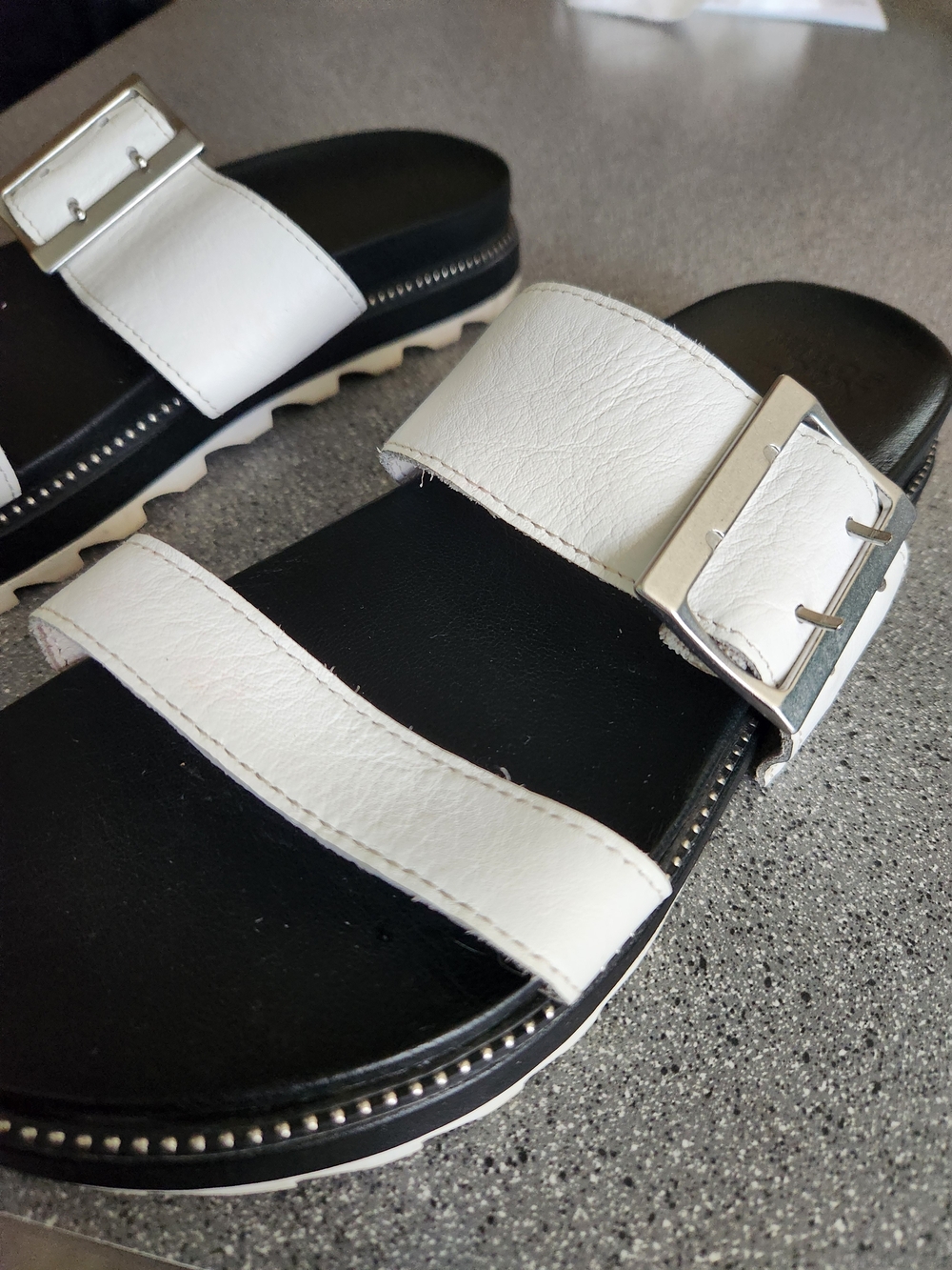 Sorel White Leather Buckle Slide Sandals with Silver Hardware - Picture 3 of 5